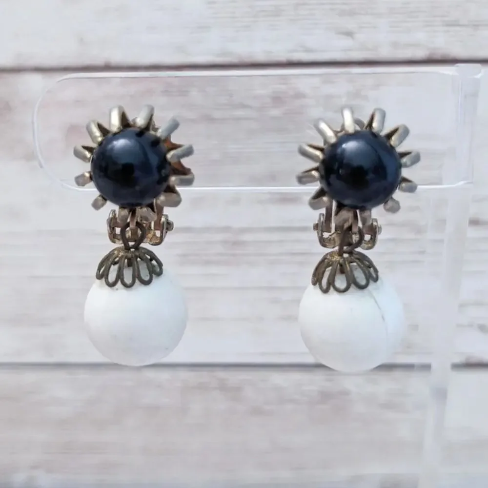 Vintage Clip On Earrings Large Chunky Black and Off White Dangle